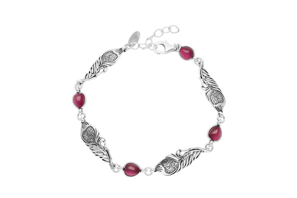 Srebrna bransoletka 925 oksydowane pióra z rubinowymi kamieniami