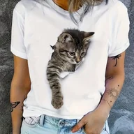 Bluzki damskie - TEMU Urocza i Zabawowa Kotka! Biała Koszulka z 3D Wyciętym Wzorem Kociaka, Luźny Krój dla Miękkiego i Słodkiego Klimatu, Bez Wysiłku Przekazująca - miniaturka - grafika 1