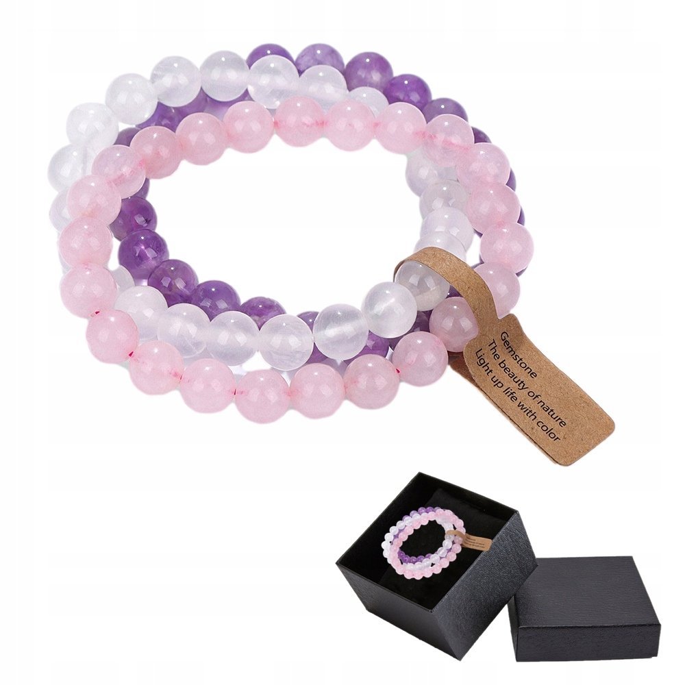 Zestaw 3 Bransoletki 8 mm Kamień Naturalny Zielony Biały Fiolet Chalcedon