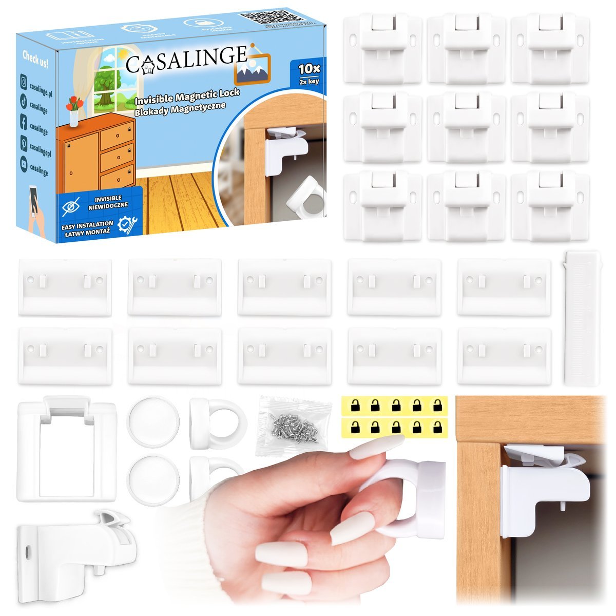 10× Zabezpieczenie magnetyczne szafek, szuflad Casalinge białe 10 sztuk