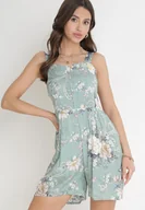 Kombinezony - Miętowy Kombinezon z Krótkimi Nogawkami i Marszczoną Gumką w Pasie Emalyna - miniaturka - grafika 1