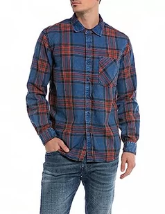 Replay Koszula męska regular fit, 010 Blue/Red/Lt Brown, XL - Koszule męskie - miniaturka - grafika 1
