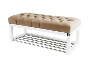 Ławka na buty 135cm EMRAWOOD drewno lite kolor biały siedzisko pikowane kolor cappuccino - Ławki do przedpokoju - miniaturka - grafika 1