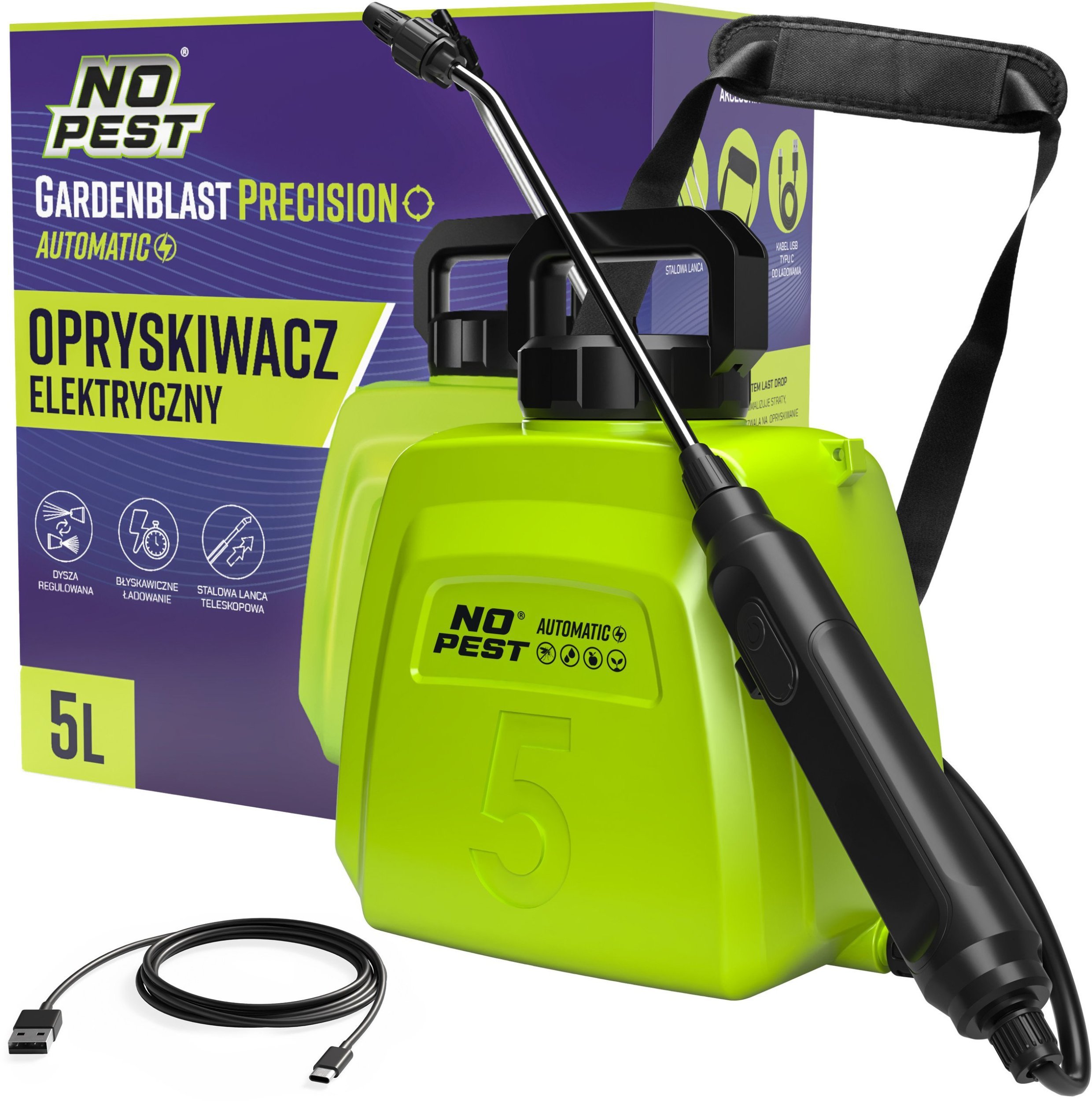 Opryskiwacz Elektryczny Automatyczny Ciśnieniowy 5L ze Stalową Lancą i Regulowaną Dyszą Spryskiwacz do Oprysków