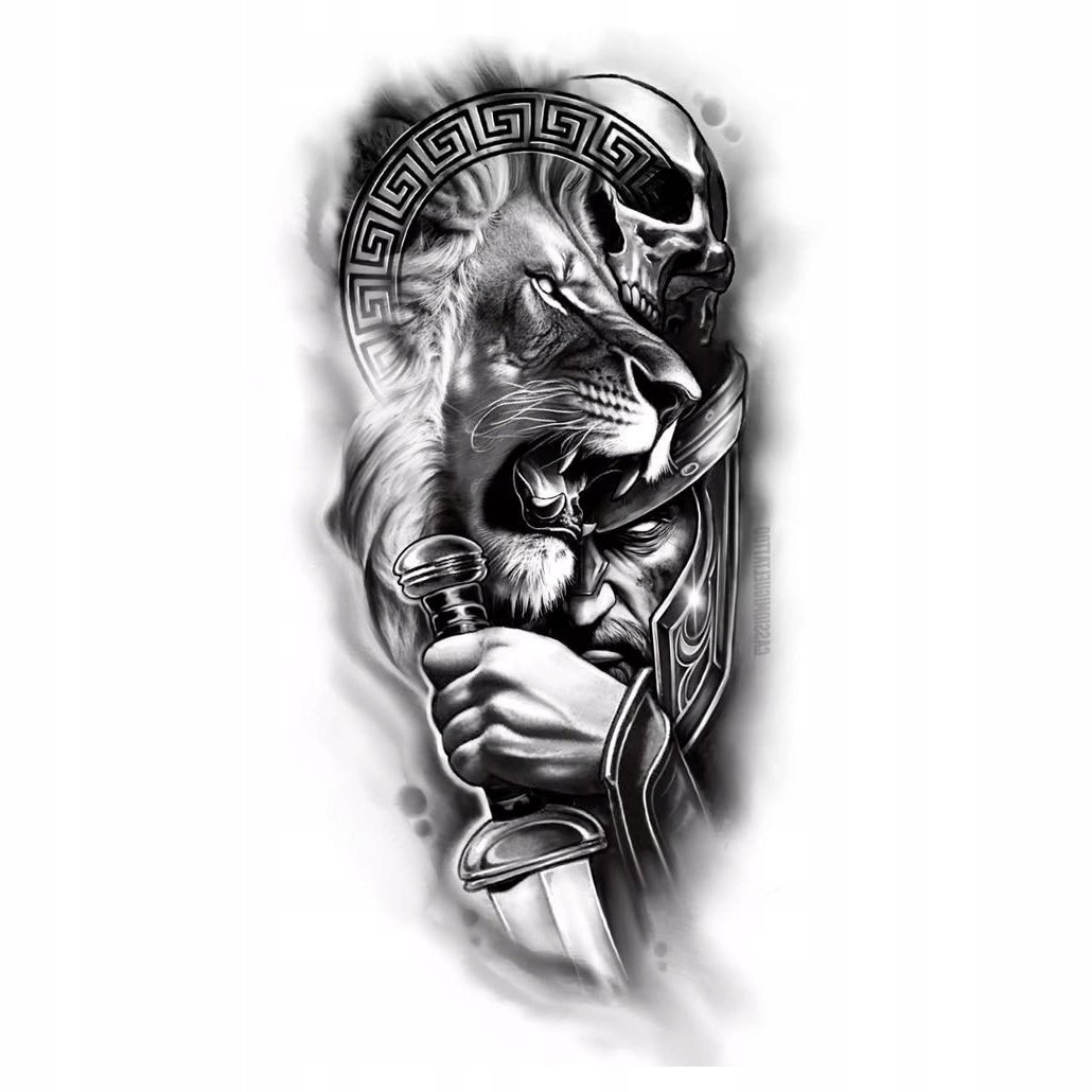 TATUAŻ WOJOWNIK CZASZKA LEW ZMYWALNY TYMCZASOWY WODNY