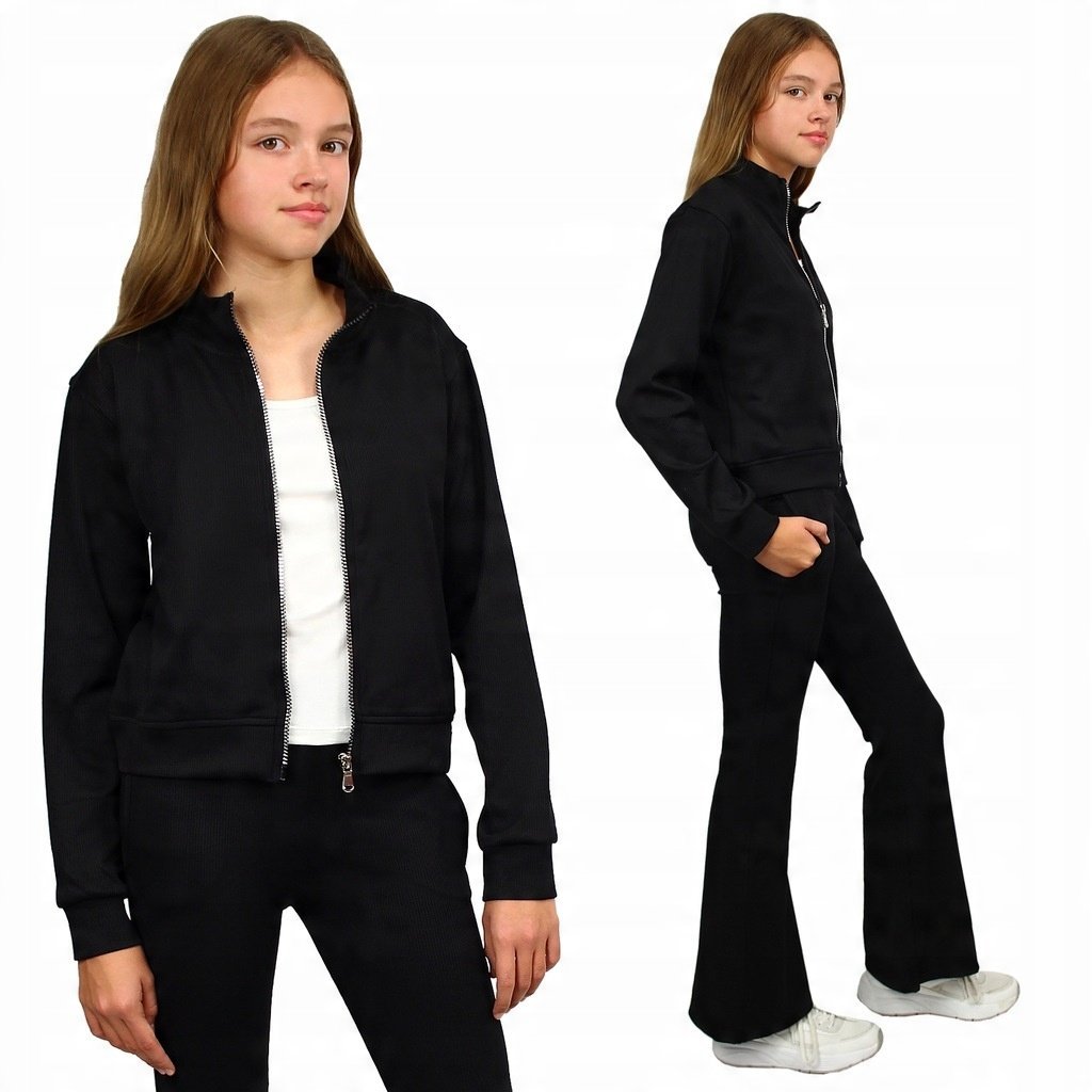 KOMPLET Dresowy 3-częściowy BLUZA Rozpinana Top SPODNIE Dzwony FLARE 140