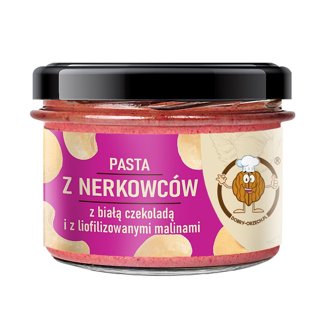 Pasta z orzechów nerkowca z białą czekoladą i malinami 180g