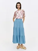 Spódnice - Spódnica z falbaniastym wykończeniem z imitacji denimu - miniaturka - grafika 1