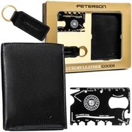 Portfele - Męski zestaw prezentowy PETERSON duży pionowy czarny portfel ze skóry naturalnej brelok do kluczy karta survivalowa okładka na dokumenty ochrona RFID - miniaturka - grafika 1