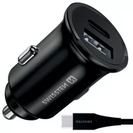 Ładowarki samochodowe - SWISSTEN Czarna Ładowarka samochodowa 1xUSB 1xUSB-C 3A + kabel USB-C - miniaturka - grafika 1