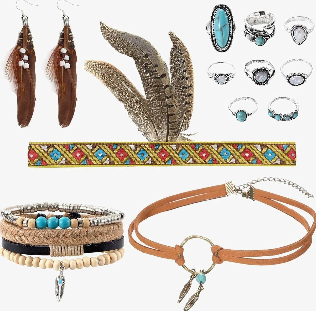 BIŻUTERII ZESTAW 12 SZTUK BOHO VINTAGE KOBIETA PIÓRA KOLCZYKI NASZYJNIK