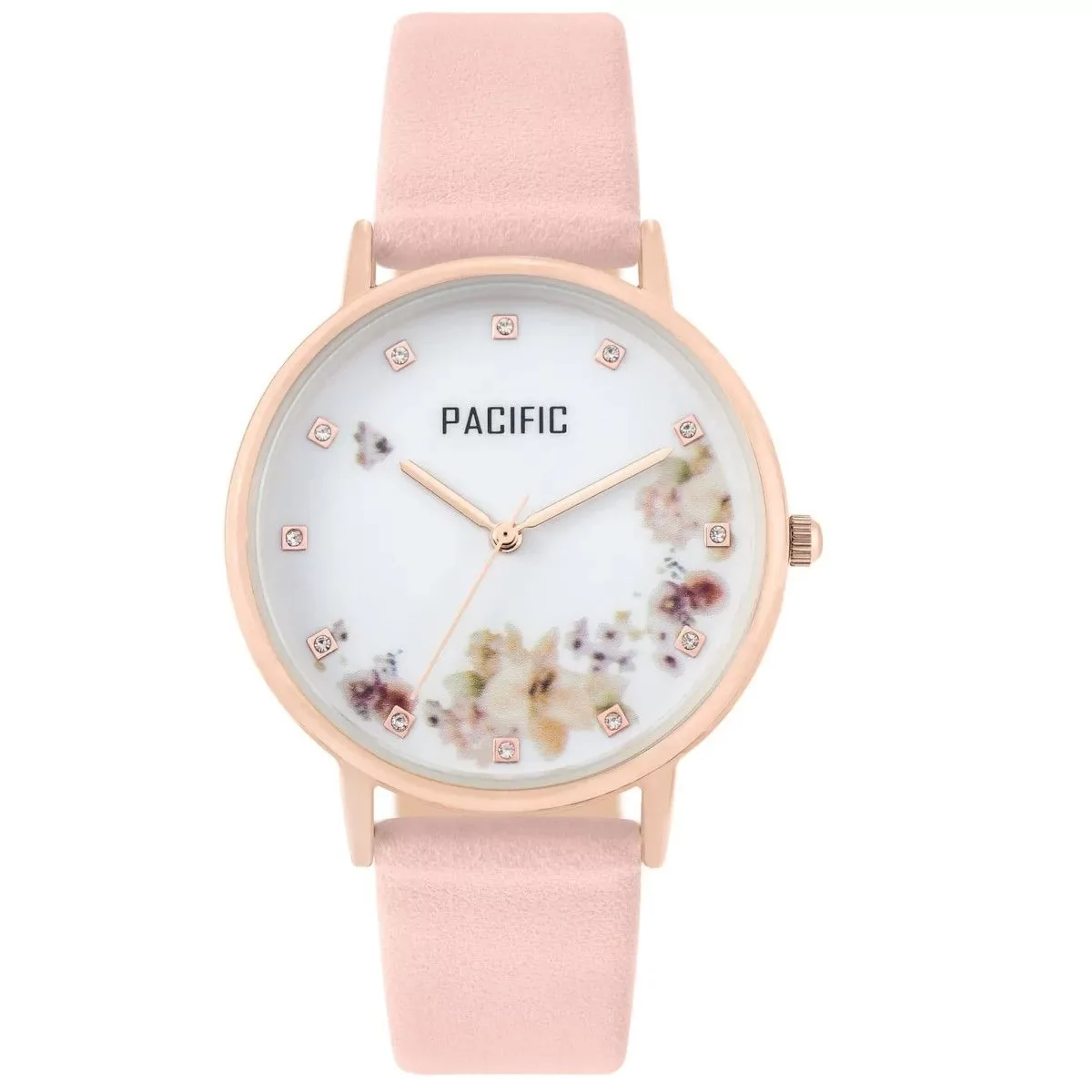 Różowozłoty damski zegarek z kwiatami i kryształkami na pasku PACIFIC X6182-11