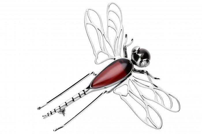 ankabizuteria.pl Srebrna broszka WAŻKA z wiśniowym bursztynem