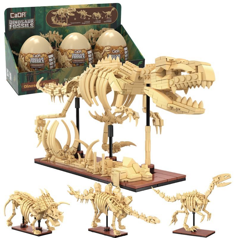 Klocki konstrukcyjne CaDA Dinosaur Fossils - Triceratops + Stegosaurus + Velociraptor = Tyrannosaurus Rex - świecące szkielety 825 elementów