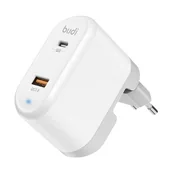 Ładowarki do telefonów - Uniwersalna ładowarka sieciowa Budi 328E, USB + USB-C, 18W + adaptery EU/UK/US (biała) - miniaturka - grafika 1