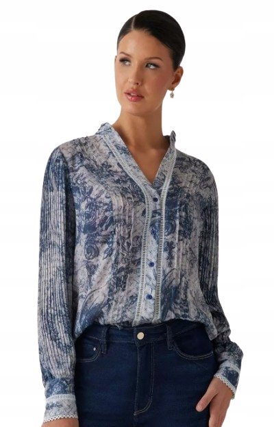 GUESS BLUZKA DAMSKA NIEBIESKA Z KORONKĄ I PLISKAMI XS 2CC