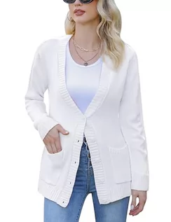 Swetry damskie - Irevial Damski kardigan z długim rękawem, elegancki płaszcz z dzianiny, z zapięciem na guziki i kieszeniami, S-XXL, biały, XL - grafika 1