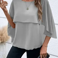 Koszule damskie - TEMU Bluzka Damska z Asymetrycznym Dekoltem Okrągłym - Lekki Jednokolorowy Top na Rękawy, Pranie w Pralce, Wszechstronna od Codziennego do Formalnego - miniaturka - grafika 1