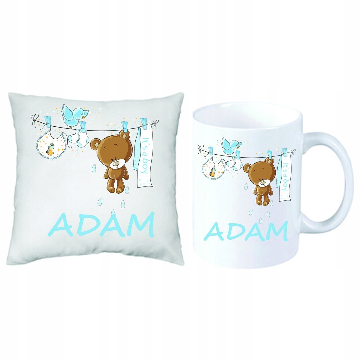 Baby Shower ZESTAW PREZENT PODUSZKA + KUBEK + Imię