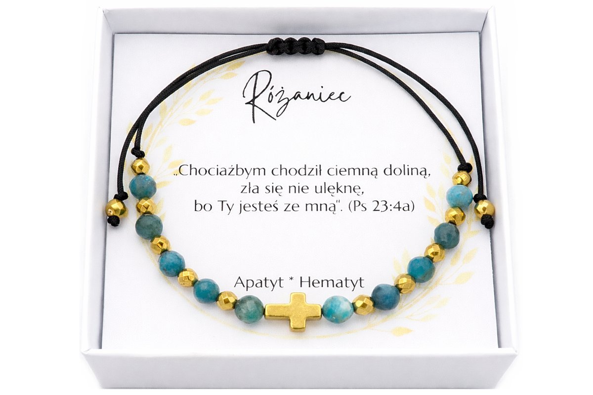 Bransoletka różaniec Apatyt i hematytem ręcznie robiony, prezent Komunia, Bierzmowanie