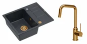Zlewozmywaki z baterią - Quadron Unique Zlewozmywak granitowy jednokomorowy 62*50*22 cm z ociekaczem MORGAN 116 BLACK DIAMOND z syfonem Push-2-Open w kolorze miedzianym z baterią NATALIE Q LINE kolor miedziany - miniaturka - grafika 1
