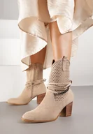 Botki damskie - Ciemnobeżowe Botki Vices na Słupku w Stylu Kowbojek z Ażurową Cholewką i Paskami Tulifedi - miniaturka - grafika 1