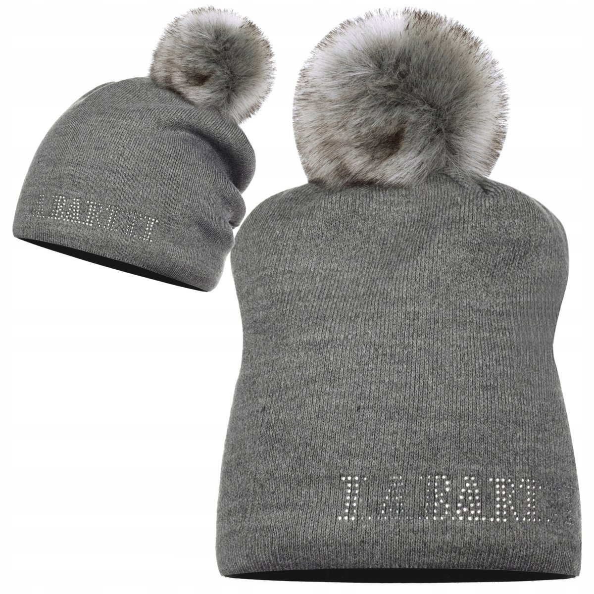 Czapka Z Pomponem Pompon Zimowa Labartti Ozdobny Napis Szara Szarość
