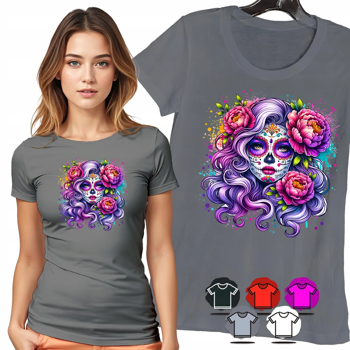 KOSZULKA DAMSKA T-SHIRT - SANTA MUERTE FIOLETOWE WŁOSY KWIATY WZÓR - XL