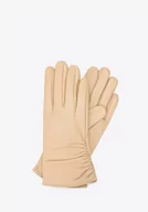 Rękawiczki - Damskie rękawiczki skórzane z marszczeniem beżowe S - miniaturka - grafika 1