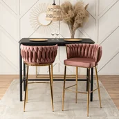Taborety i hokery - Krzesło Barowe Tapicerowane Plecione Hoker FLORES 2 Różowe Welurowe Nowoczesne Loft - miniaturka - grafika 1