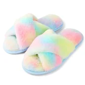 Skarpetki dla dzieci - riemot Kapcie damskie, zimowe pluszowe pantofle z pianki z pamięcią kształtu, ciepłe kapcie domowe, wygodne, antypoślizgowe, puszyste pantofle, kolory tęczy, rozmiar 38-39, kolory tęczy, 38/39 EU - miniaturka - grafika 1