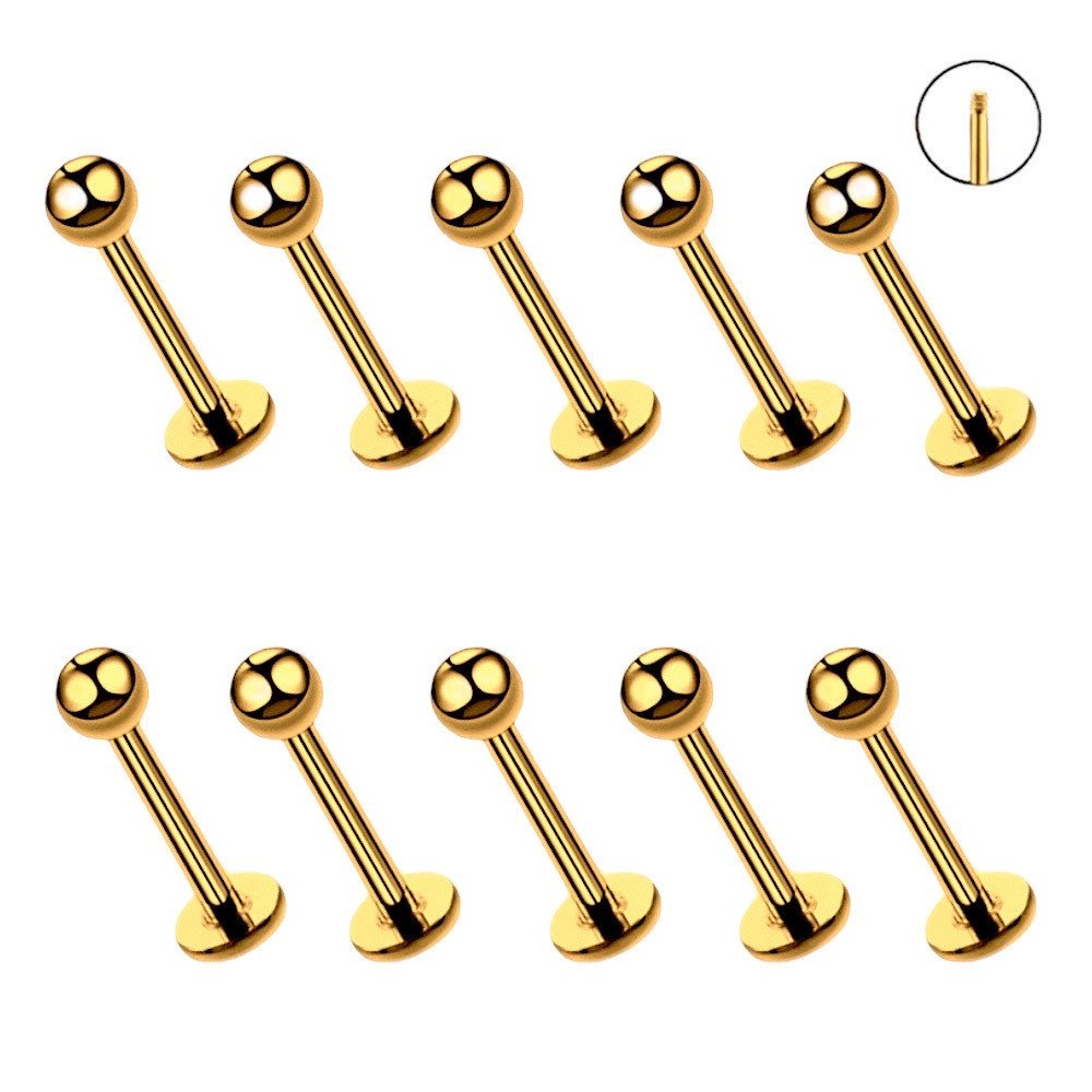 Kolczyk PIERCING Labret Złoty, gwint zew.Stal 316L 10 Zestaw Sztuk 1,2/12/3
