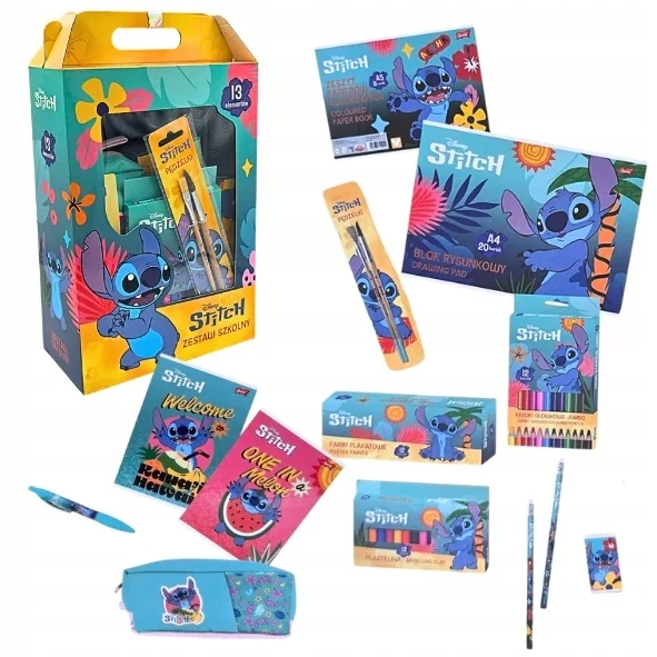 Wyprawka szkolna Stitch Piórnik Zeszyty Bloki Farby Kredki 13el Majewski