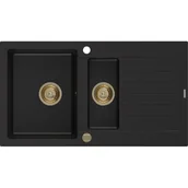 Zlewozmywaki - Mexen Matias zlewozmywak granitowy 1,5-komorowy z ociekaczem 900 x 505 mm, czarny, syfon złoty - miniaturka - grafika 1