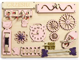 tablica manipulacyjna 40x30 cm - naturalna- różowe elementy - Zabawki sensoryczne - miniaturka - grafika 1