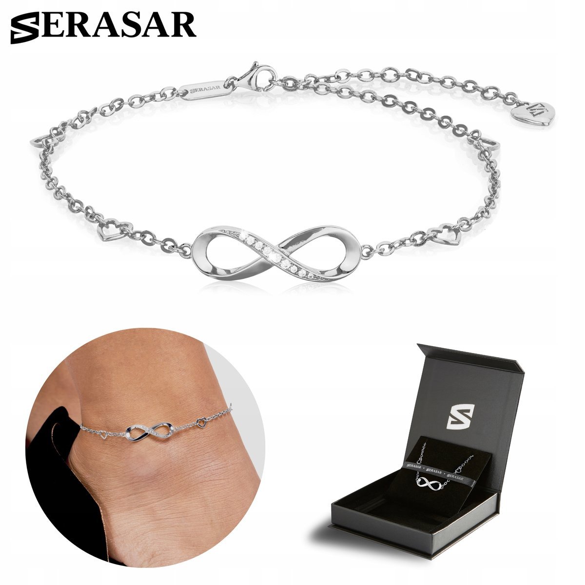 SERASAR, bransoletka na kostkę ze srebra próby 925 dla kobiet z napisem „Infinity” wykonanym 18-karatowym złotem, regulowana długość, srebro, w zest..
