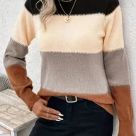 Bluzy damskie - TEMU Sweter Damski w Kolorowe Paski - Elegancki, Okrągły Dekolt, Długi Rękaw, Miękka Bluza na Jesień i Zimę, Modny Top do Stylizacji Casualowych i - miniaturka - grafika 1