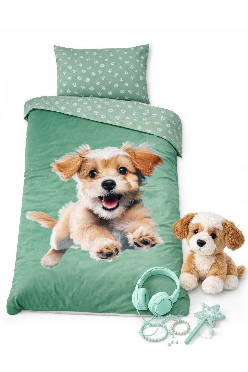 Pościel dziecięca wesoły piesek pies 140x200 zielona oliwkowa bawełniana