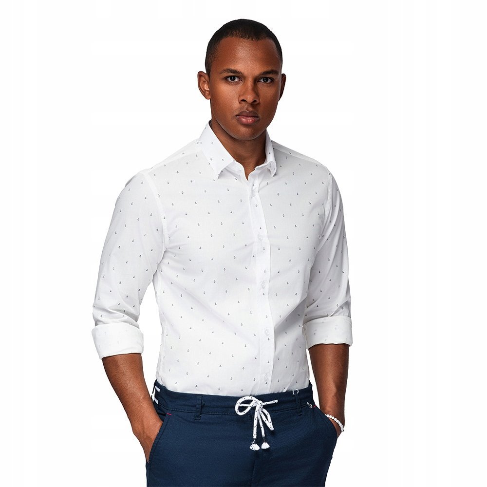 Męska bawełniana koszula SLIM FIT w kotwice biała V3 OM-SHCS-0156 XXL