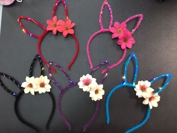 Opaska do włosów uszy królika z kwiatami i światełkami