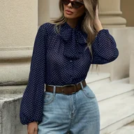 Koszule damskie - TEMU Elegancka, klasyczna bluzka z krawatkiem w kratkę - retro, półprzezroczysta koszula z rękawami w kształcie latarni, obcisłym brzegiem i - miniaturka - grafika 1