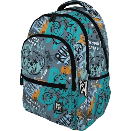 Grafoplás - Plecak szkolny z trzema przegrodami, 33 x 46 x 22,5 cm, 30 litrów, wyściełany obszar na laptopa, model pokoju, wzór Bear, Bits & Bobs Pop Up Design, idealny do przyborów szkolnych, Szary