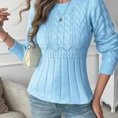 Swetry damskie - TEMU 1 szt. Elegancki polarowy sweter z długim rękawem dla kobiet - 100% poliestrowy pulower z okrągłym dekoltem i detalem z dzianiny, jednokolorowy, - miniaturka - grafika 1