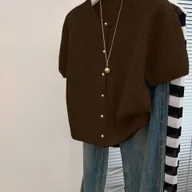 Swetry damskie - TEMU Elegancki damski kardigan w stylu francuskim - szykowny sweter do biura i na imprezę z zapięciem na guziki, miękkie brązowe topy na jesień/zimę - miniaturka - grafika 1