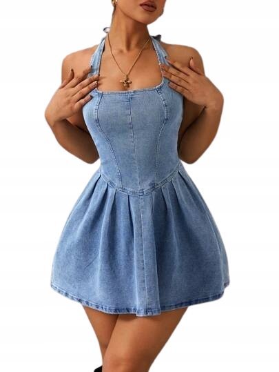 SHEIN SUKIENKA JEANSOWA MINI Z WIĄZANIEM NA SZYI ROZKLOSZOWANA 38 1HC