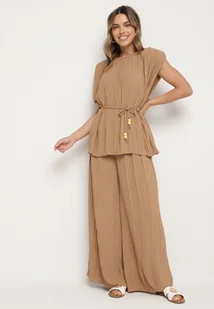 Jasnobrązowy Komplet Bluzka z Wiązanym Paskiem i Szerokie Spodnie Dolarea - Komplety damskie - miniaturka - grafika 1