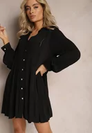 Sukienki - Czarna Rozkloszowana Sukienka Koszulowa Mini w Stylu Boho Binessa - miniaturka - grafika 1