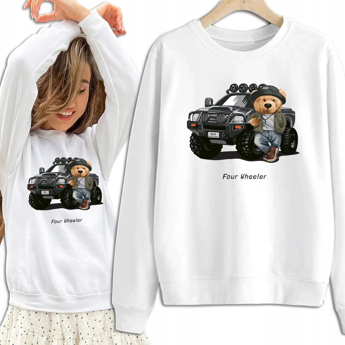 Bluza Damska Biała Dresowa FOUR WHEELER Kobiece Dziewczęce Wzory Rozmiar S
