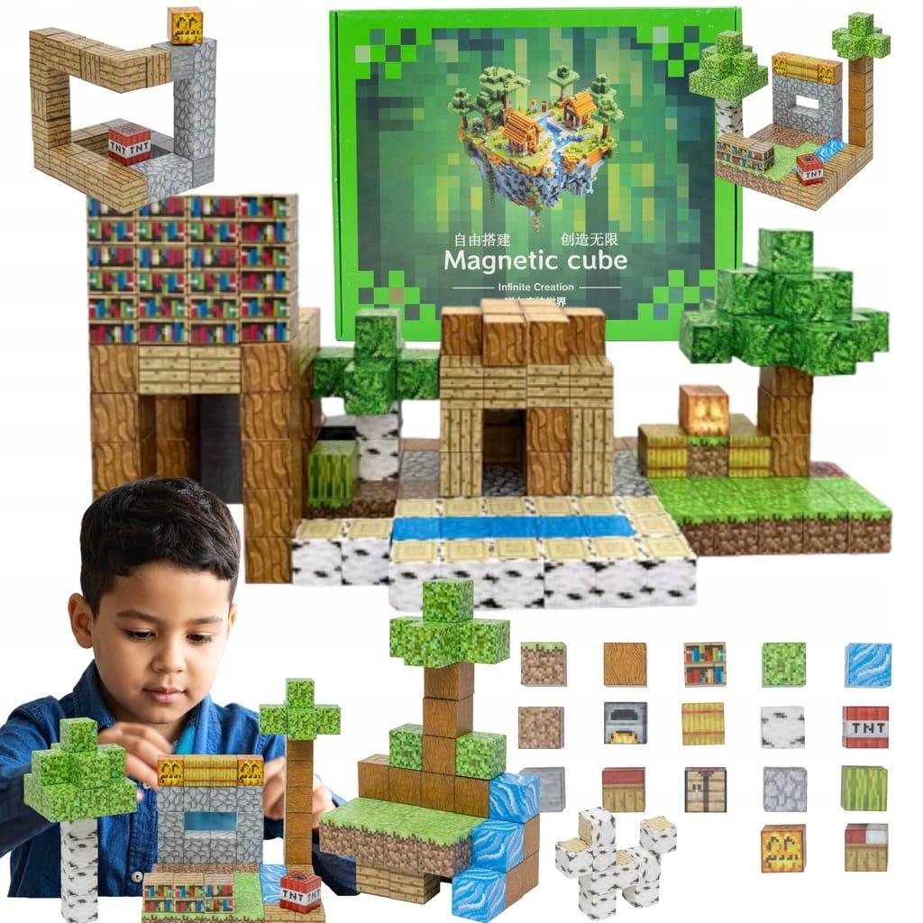 Klocki Magnetyczne Minecraft Sześciany Kostki Konstrukcyjne 200 Elementów Dla Dzieci 3+ Zestaw Edukacyjny STEM Kreatywne Budowanie