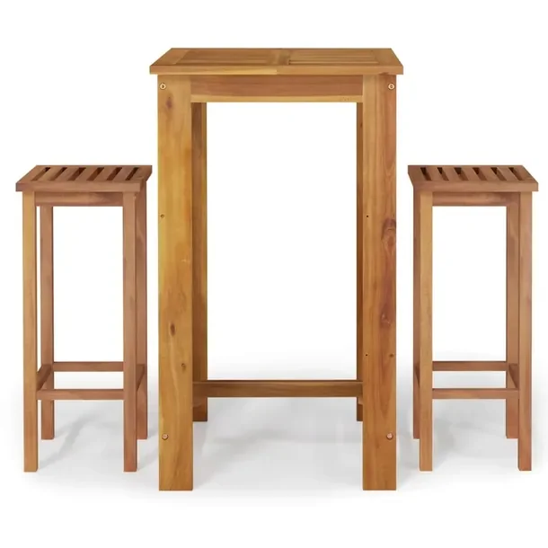 Zestaw barowy z litego drewna akacjowego, stół 60x60x105 cm, 2 krzesła 3